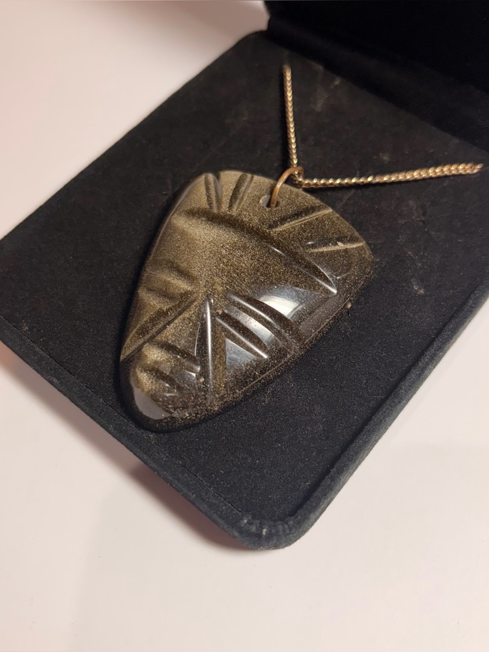 Vintage 1970s Mexican Hand-Carved Gold Sheen Obsidian Mask Pendant Necklace